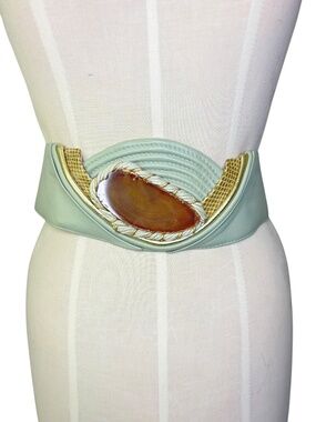 Vintage 80's Large Geode Statement Runway Mint Sage Leather Belt M/L
